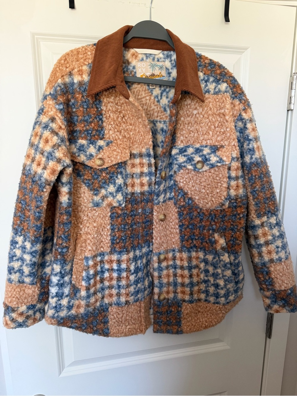 Roxy Plaid Teddy Jacket in Tan & Blue